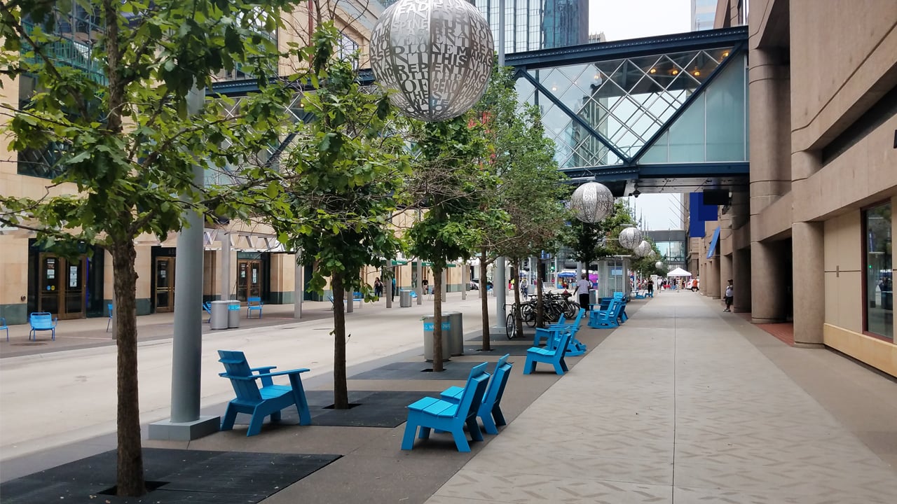 Photo of Nicollet Avenue where trees are lining the downtown road