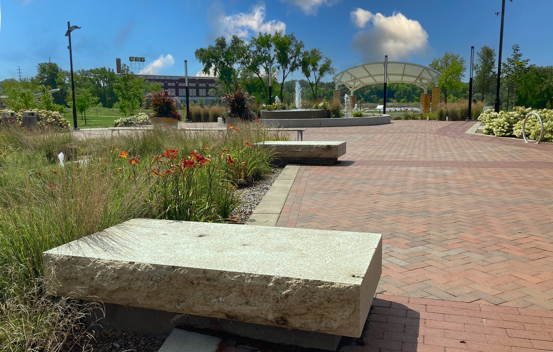 Photo of landscaping around riverfront walkway