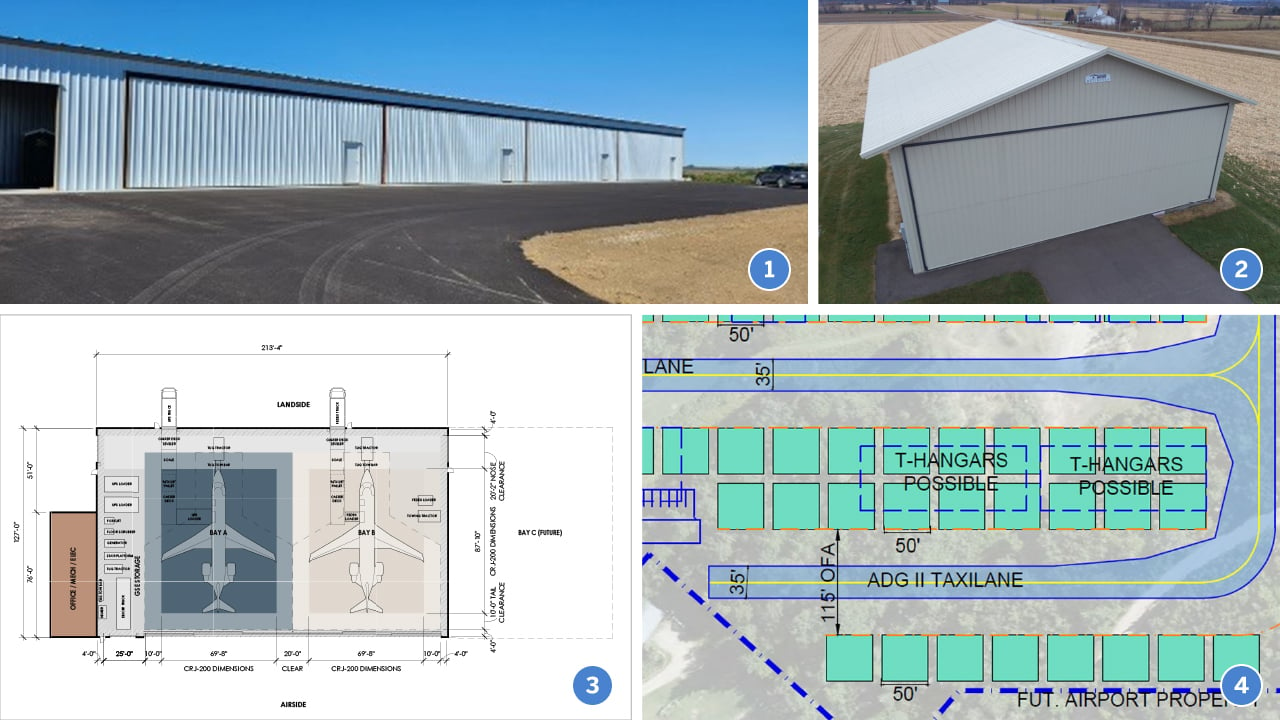 1. Example of an 8-bay T-hangar building.  2. Example of a bi-fold door.   3. Graphic showing the layout and spacing of a preliminary cargo hangar.  4. Graphic showing future hangar development areas to depict space allocations.  