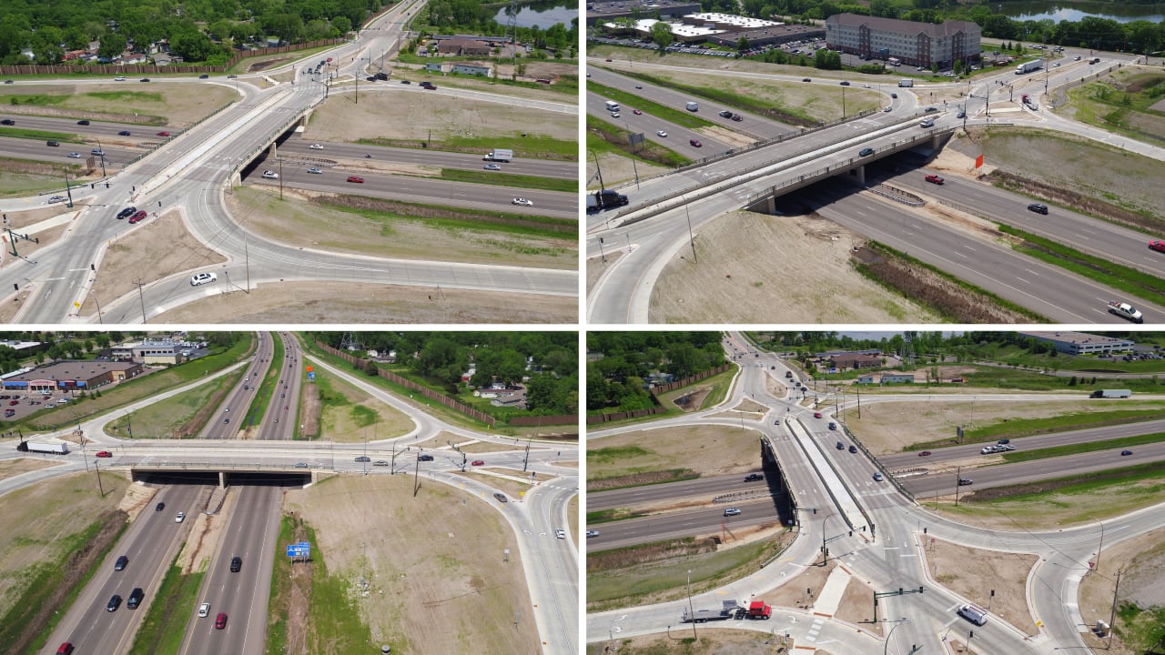 Different views of Highway 96 and 35W diverging diamond