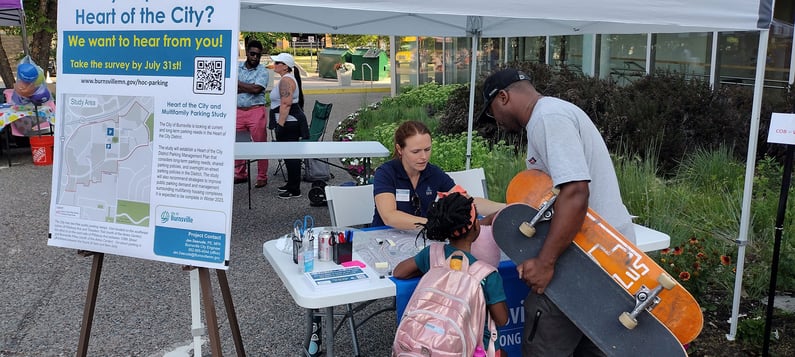 Photo of Erin Jordan talking with community members at engagement event