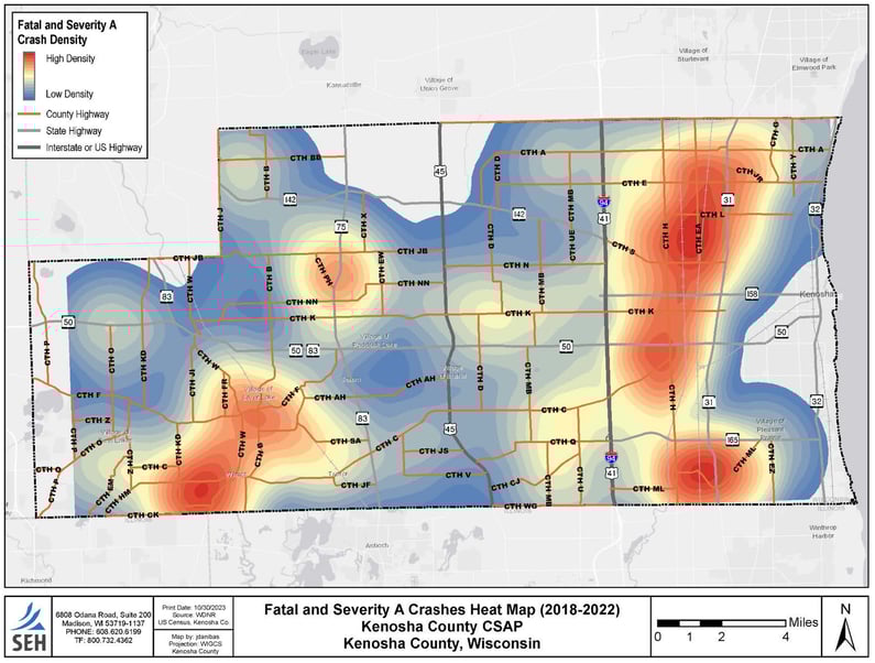 Kenosha County fatal and severity crashes heat map