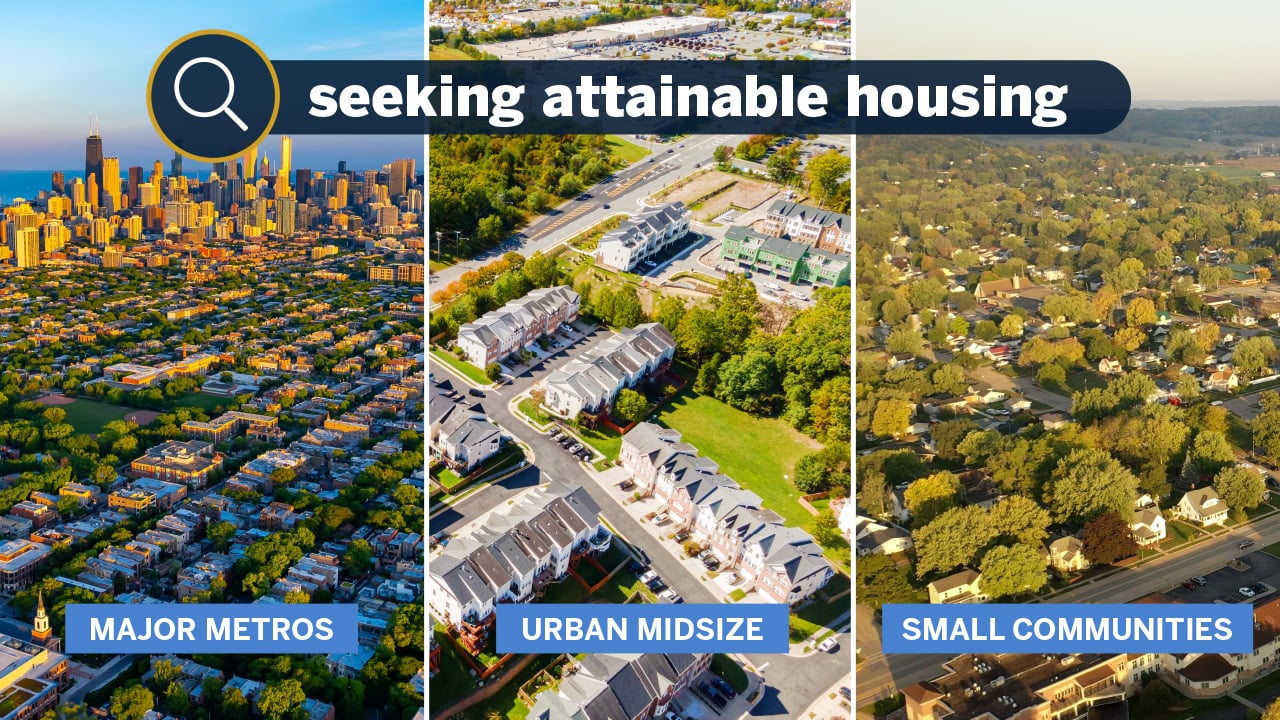 Communities seeking attainable housing: Major metros, urban midsize, and small communities, with photos of each kind of community
