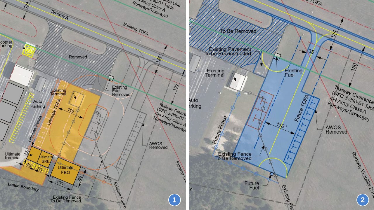 1. Graphic showing ultimate grouping tiedown areas by aircraft size and dimensions allows for maneuverability and consistency across the apron.  2. Graphic showing existing grouping of tiedown areas, showing limitations and functionality of existing area. 