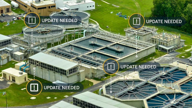 Photo of treatment plant with different areas called out needing updates