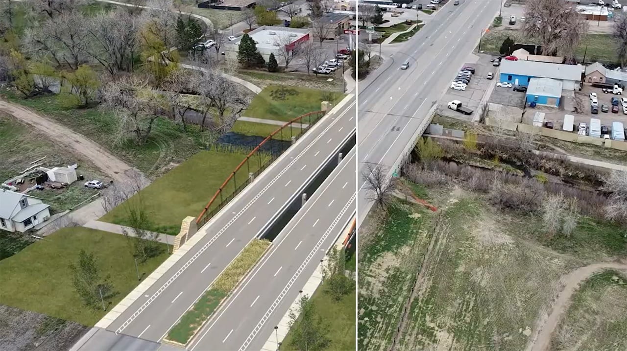 Split-view of a bridge visualization overlaying a real road