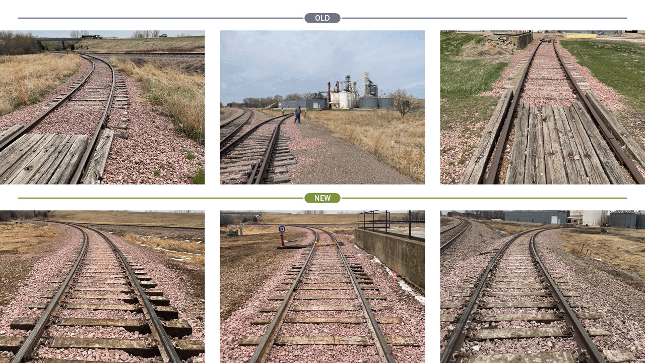 Comparison of old and new railroad track conditions, showing repaired rails, ties, and crossings along a curved rail line in a rural industrial area.