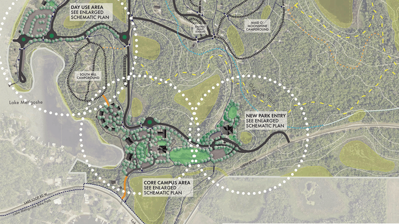 Aerial view of interconnected lakes, wetlands, and forested land.