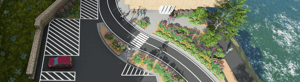 Aerial rendering of a parking lot and bike path next to a building, surrounded by trees and water.