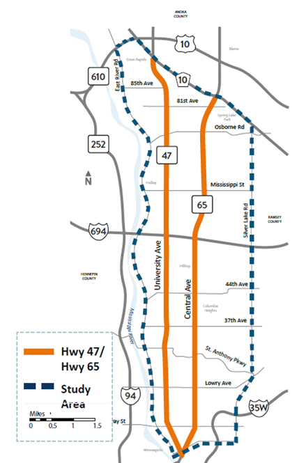 Map showing the Hwy 47 and Hwy 65 corridors from Minneapolis to Anoka, with the study area outlined in dashed blue along University and Central Avenues.