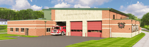 Rendering of St. Joseph Fire Station 10 with a fire engine parked at the bay doors.