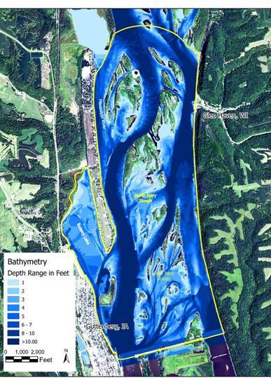 Map showing river channels and depth ranges along a section of the Upper Mississippi River near Guttenberg, Iowa.