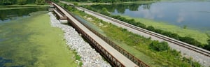 Walking path and railroad next to lake
