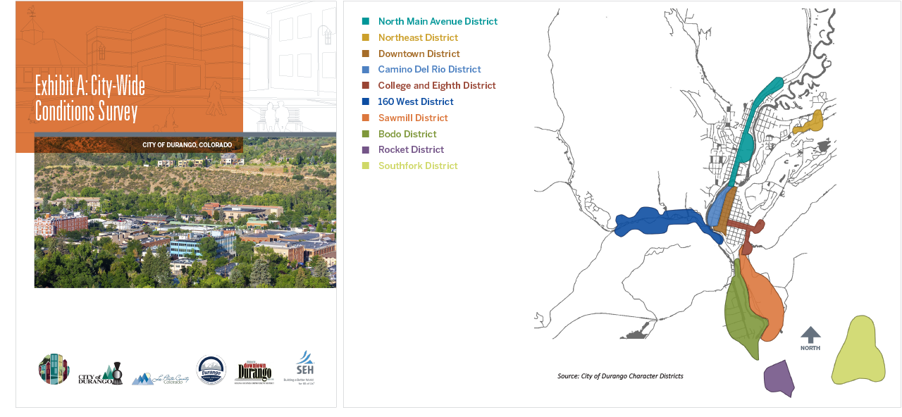 Title page of the City-Wide Conditions Survey and a Character District Map