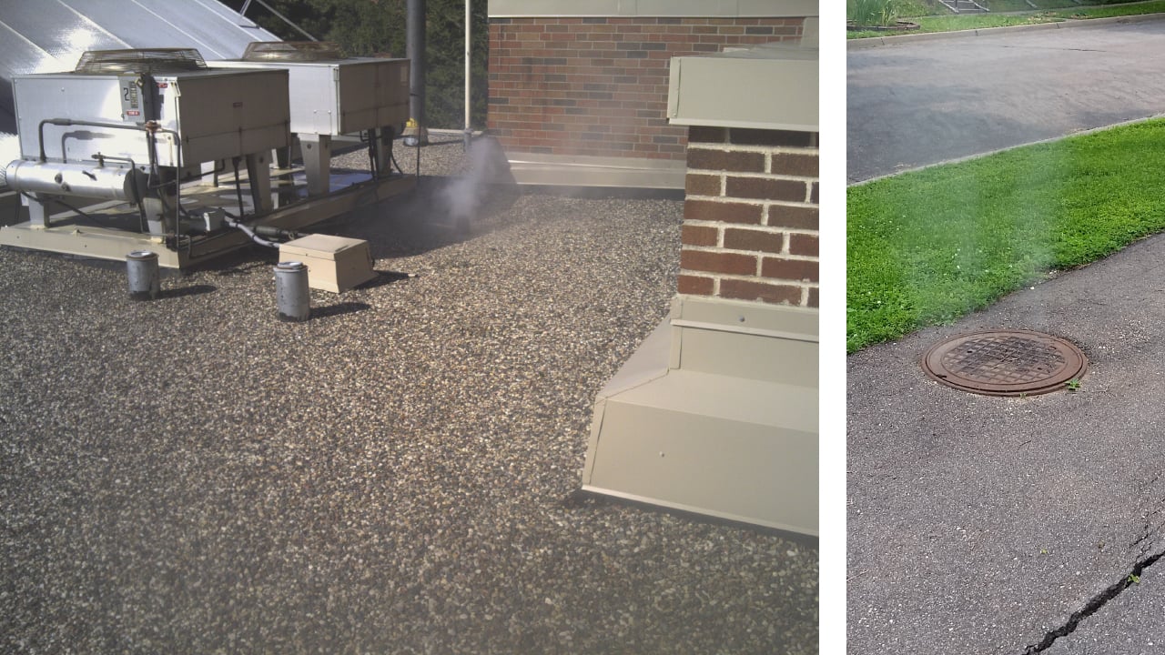 Photos highlighting smoke escaping from a roof drain (left) and manhole (right) during smoke testing.